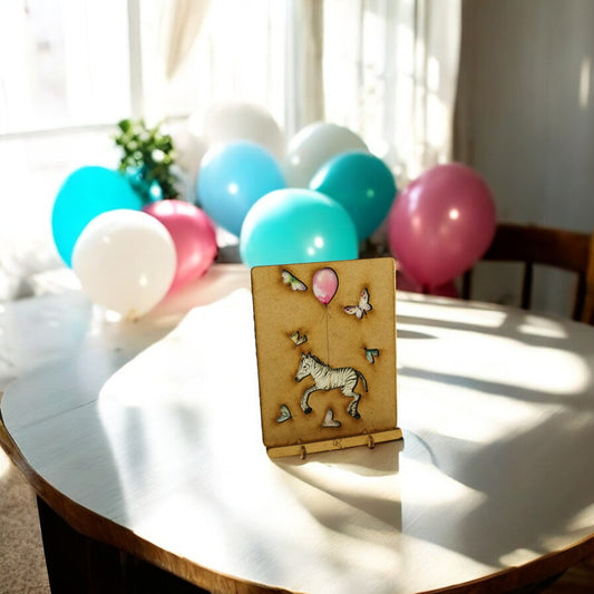Zebra met Roze Ballon – Houten Pop-up Kaart
