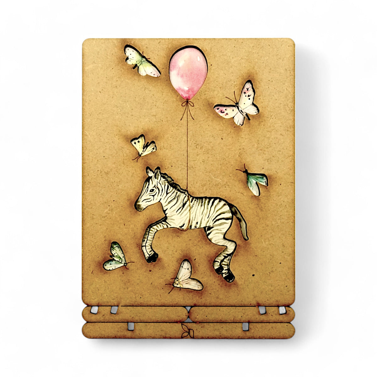 Zebra met Roze Ballon – Houten Pop-up Kaart