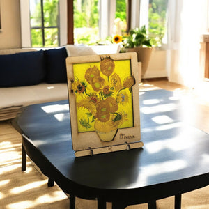 Gedetailleerde illustratie van Van Gogh’s Zonnebloemen op een duurzame pop-up kaart