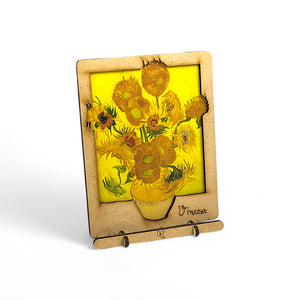 Houten pop-up kunstkaart Zonnebloemen van Van Gogh rechtopstaand