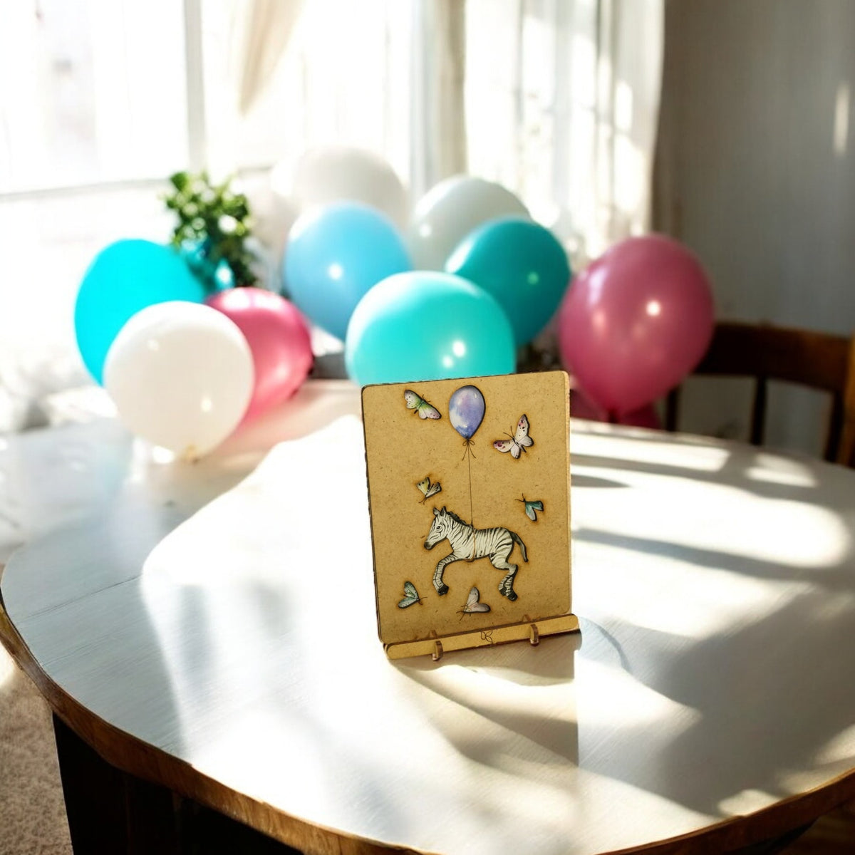 Zebra with Blue Balloon – Wooden Pop-up Card
