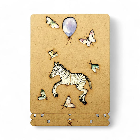 Zebra met Blauwe Ballon – Houten Pop-up Kaart